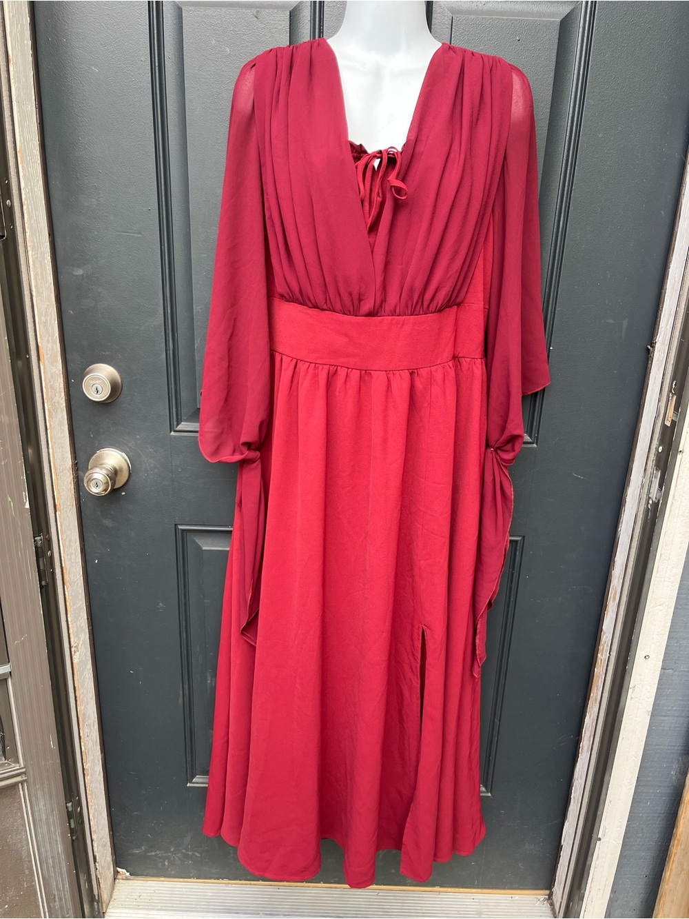Women's Red Maxi Dress with V-Neck and Tie Detail